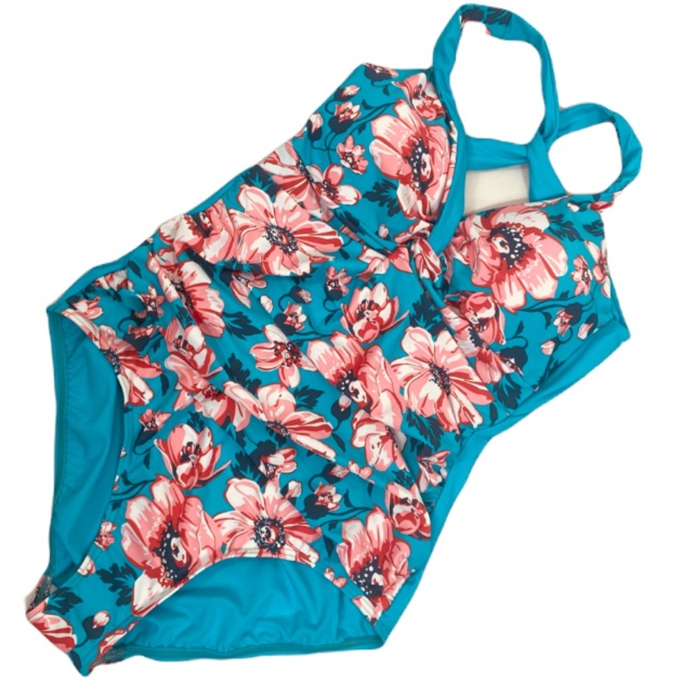 Sun & sea blue floral one piece swimsuit NWOT size 14